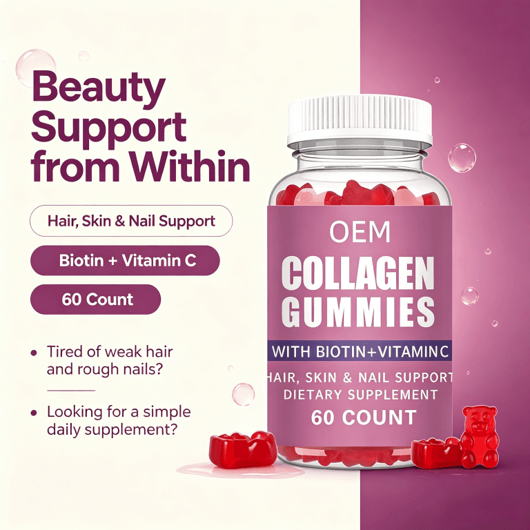OEM Collagen Peptide Gummies Anti-Aging Formula with Hyaluronic Acid Skin Whitening Gummies
