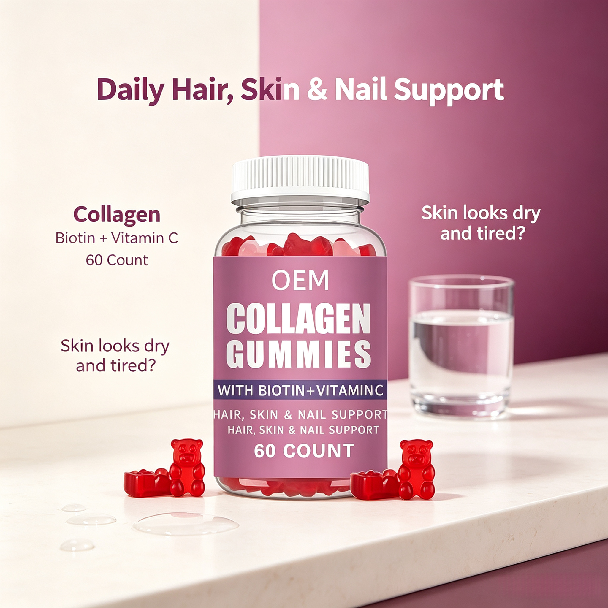 OEM Collagen Peptide Gummies Anti-Aging Formula with Hyaluronic Acid Skin Whitening Gummies