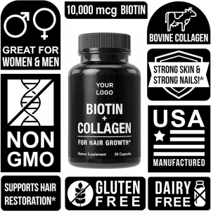 Custom Adult Biotin Collagen Vitamins Capsules 64000mg Biotin & Keratin Hyaluronic Acid Marine Collagen Supplement
