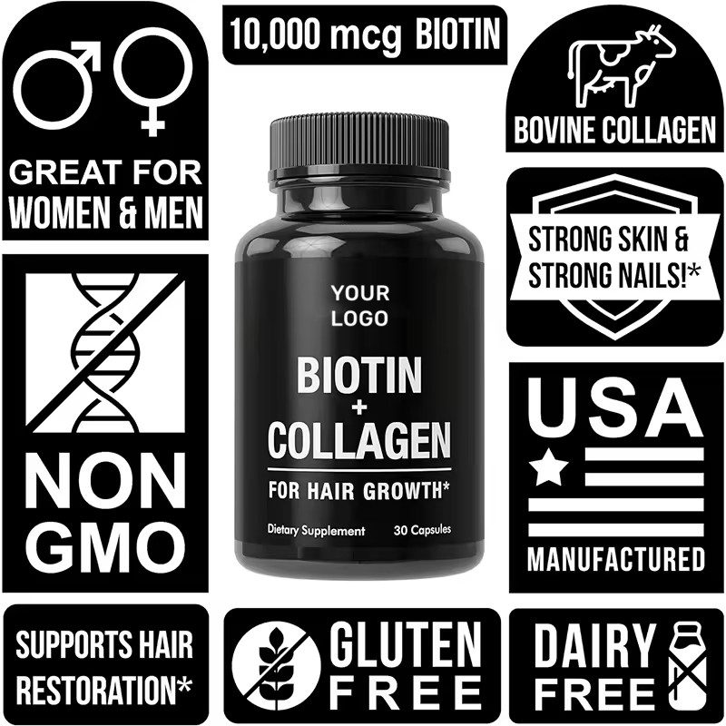 Custom Adult Biotin Collagen Vitamins Capsules 64000mg Biotin & Keratin Hyaluronic Acid Marine Collagen Supplement