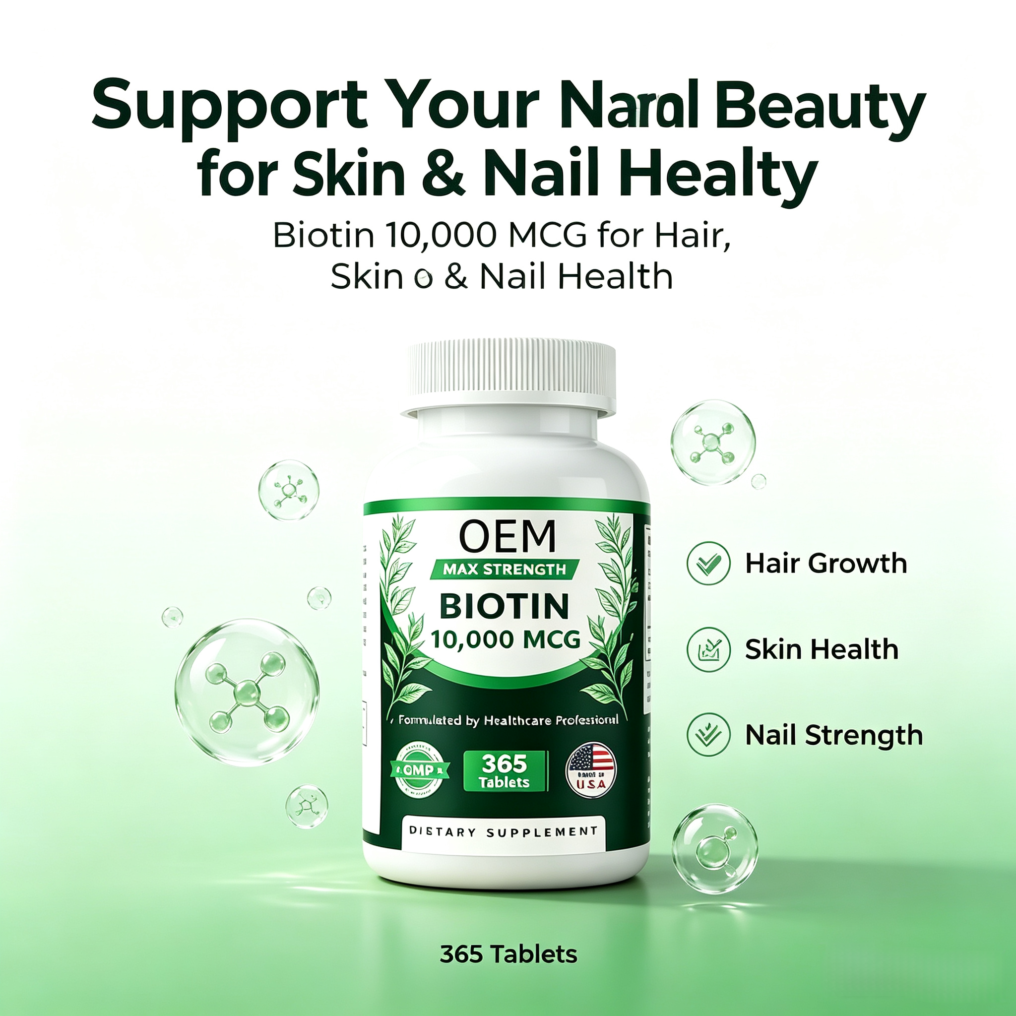 Factory Sales Biotin Tablets for Hair Growth Strong Nails and Healthy Skin Support 10000mg Biotin Supplement
