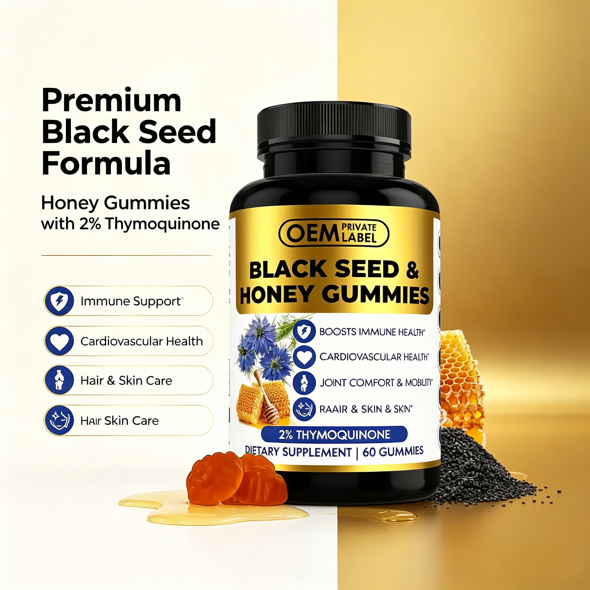 High Quality 100% Cold Pressed Black Seed Oil Gummies Candy Sugar Free Gummies Immune Support Organic Black Seed Oil