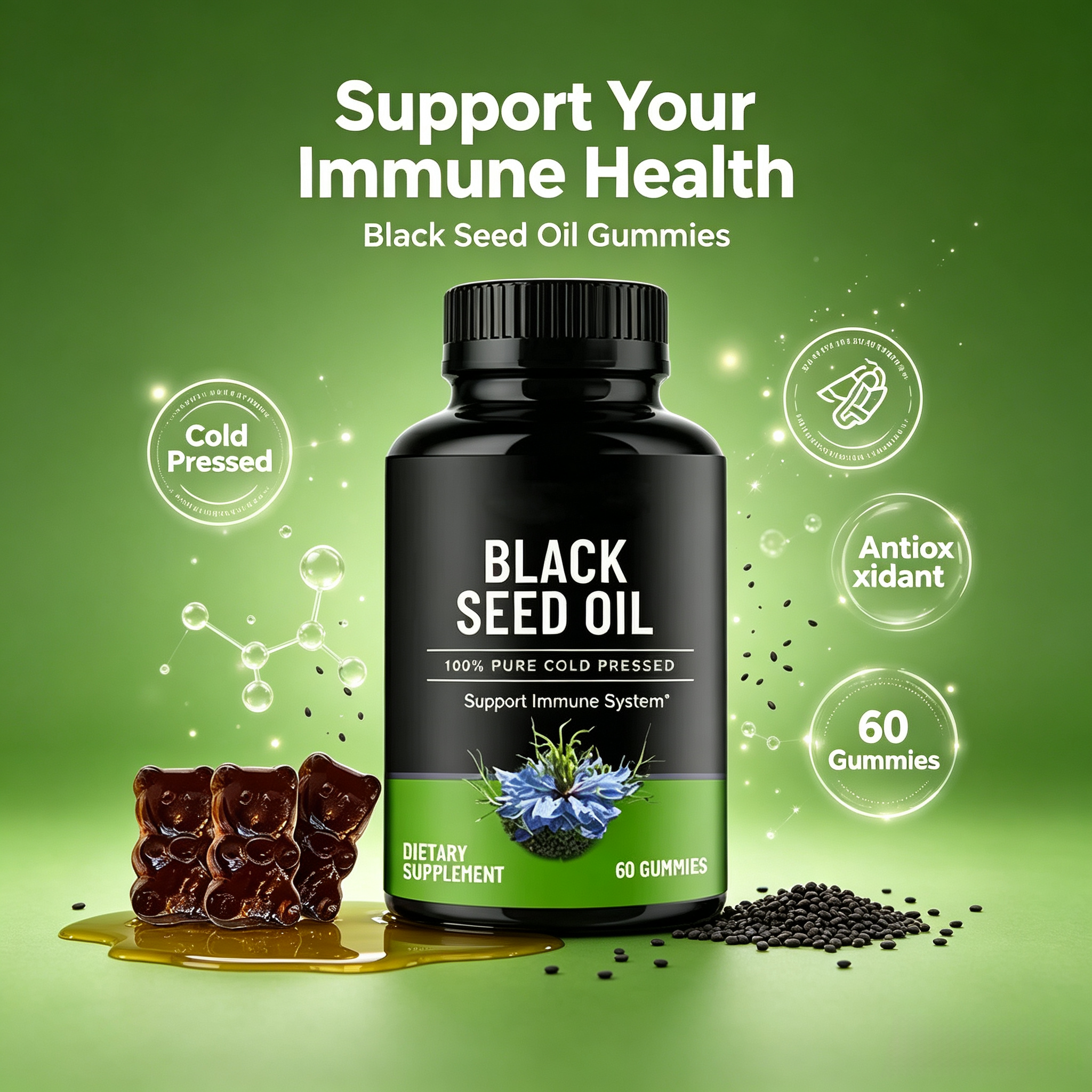 Natural Black Seed Oil Gummies for Adults Black Cumin Seed Nigella Gummies Cold Pressed Organic Black Seed Oil Gummies