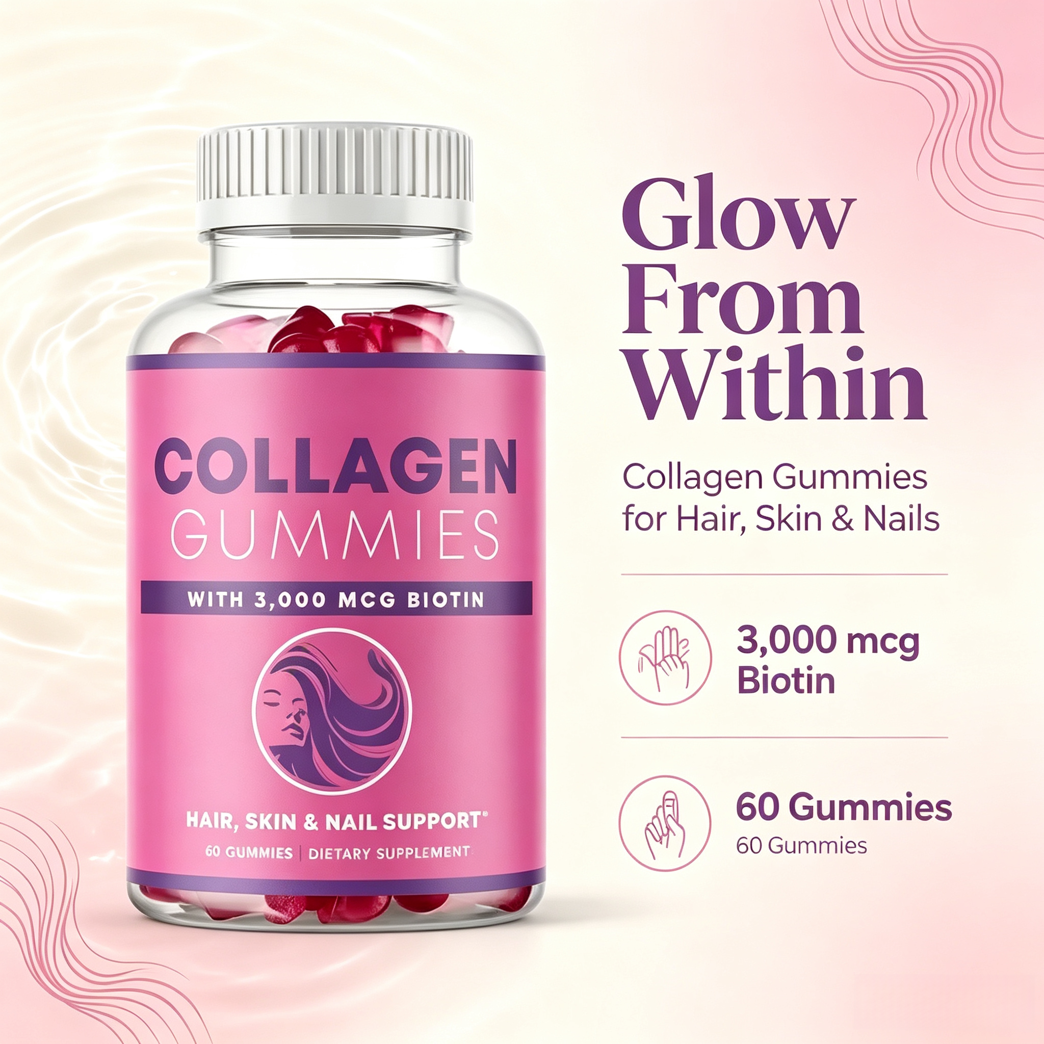 Private Label Collagen Protein Gummies for Adults Pink Nail Face Brightening Skin Nourishing Hair Adult Dosage Form