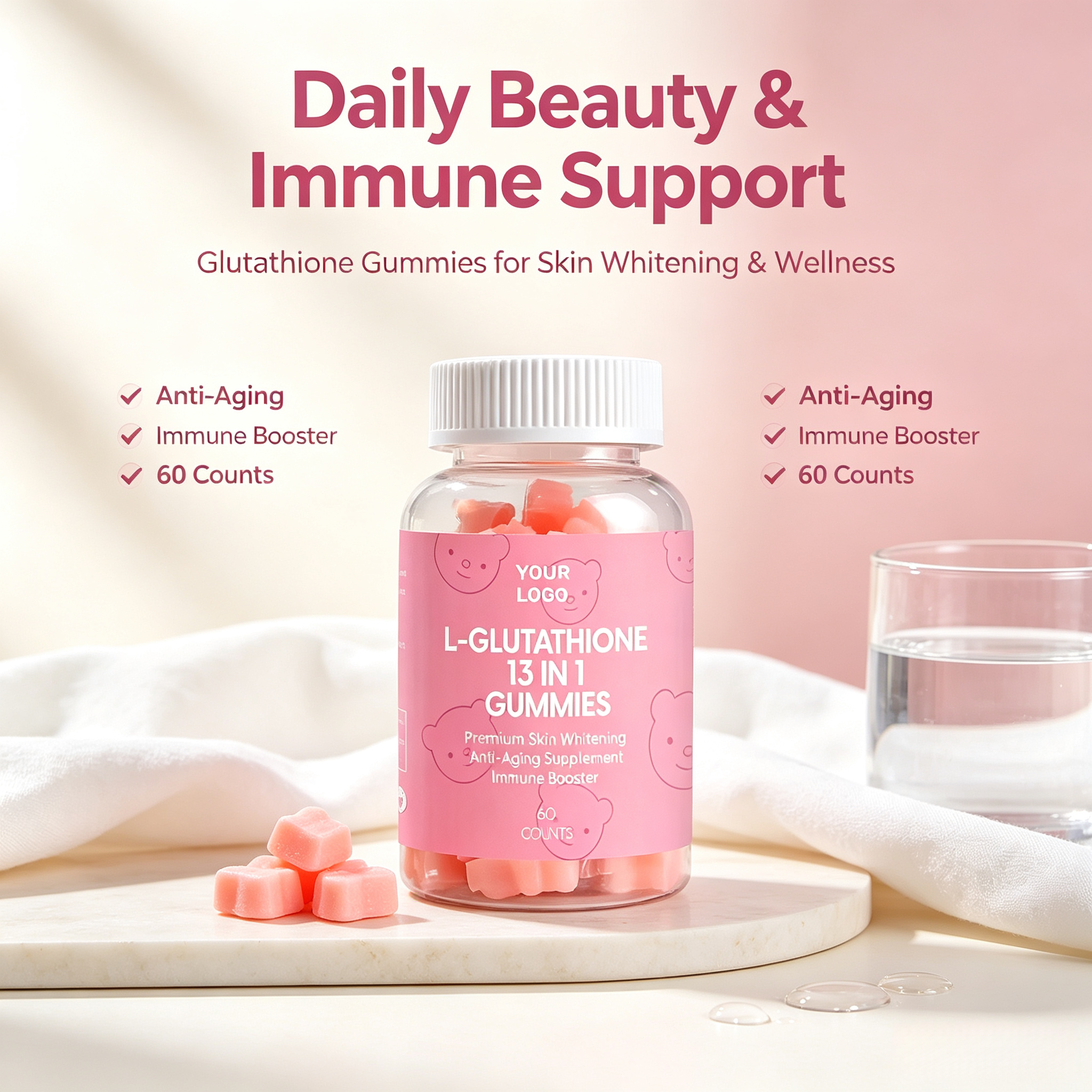 Oem Odm L-Glutathione Gummies Collagen Multivitamin Vitamin C 13 in 1 Supplements Vegan Skin Gummy Vitamins for Anti-aging