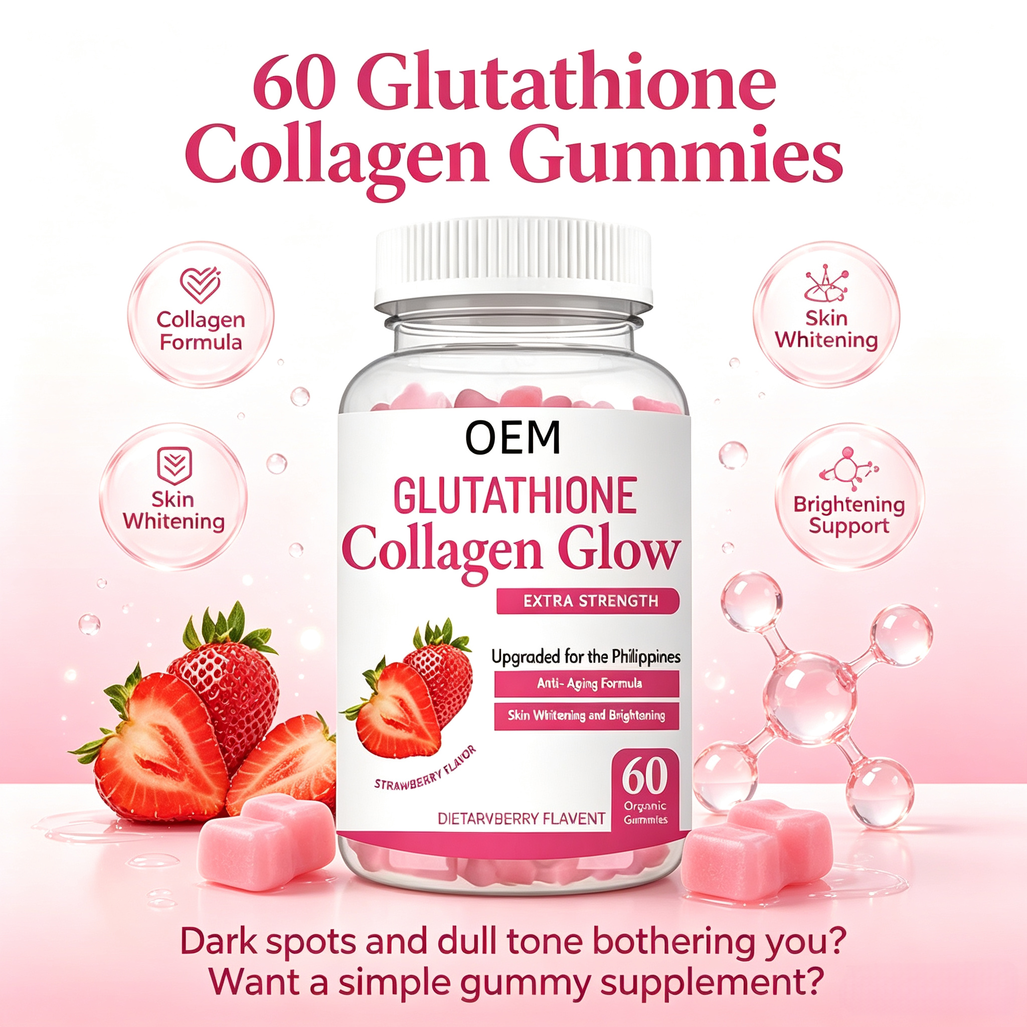 OEM Glutathione Gummies with Collagen and Vitamin C for Radiant Skin Glow Supplement Antioxidant Whitening Gummies