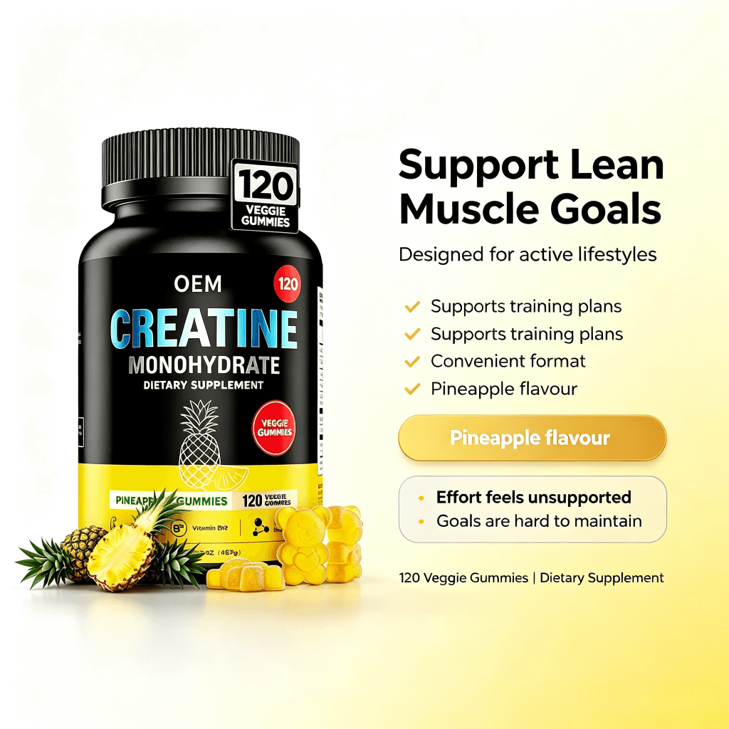 OEM Creatine Monohydrate Gummies with Vitamin B12 Pineapple Flavor 120 Veggie Gummies Net Wt 85g Dietary Supplement