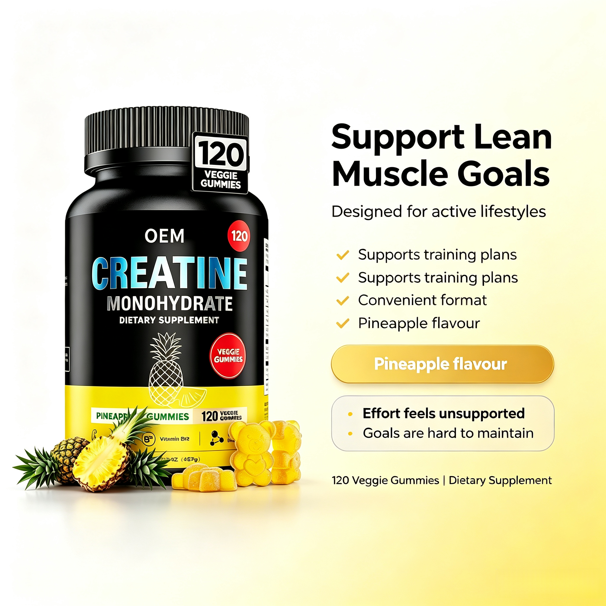 OEM Creatine Monohydrate Gummies with Vitamin B12 Pineapple Flavor 120 Veggie Gummies Net Wt 85g Dietary Supplement