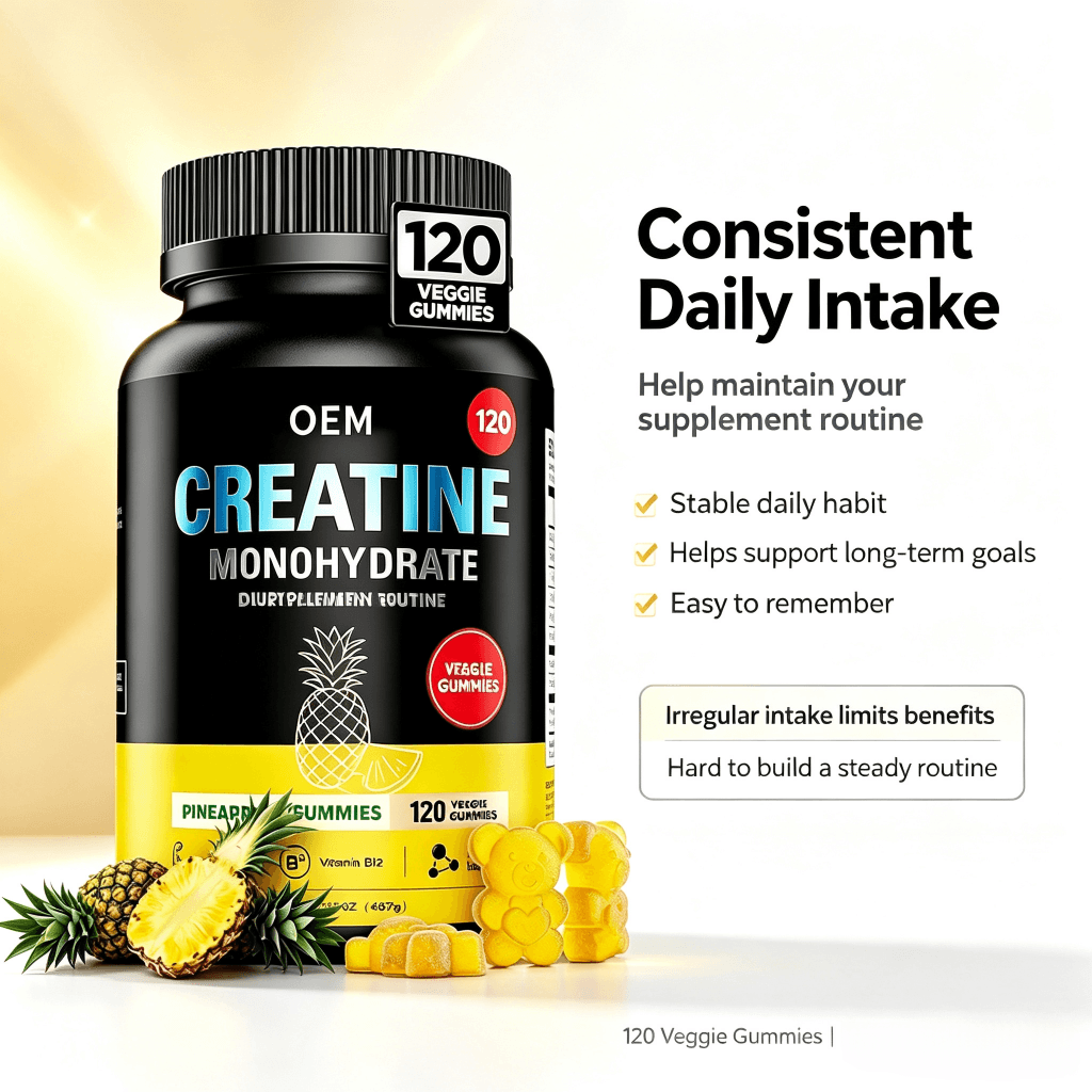 OEM Creatine Monohydrate Gummies with Vitamin B12 Pineapple Flavor 120 Veggie Gummies Net Wt 85g Dietary Supplement