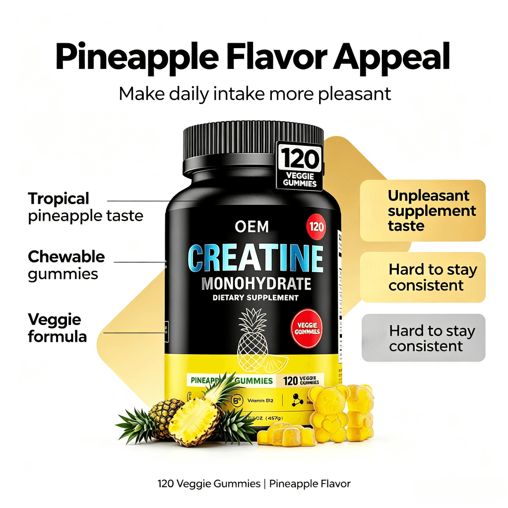 OEM Creatine Monohydrate Gummies with Vitamin B12 Pineapple Flavor 120 Veggie Gummies Net Wt 85g Dietary Supplement