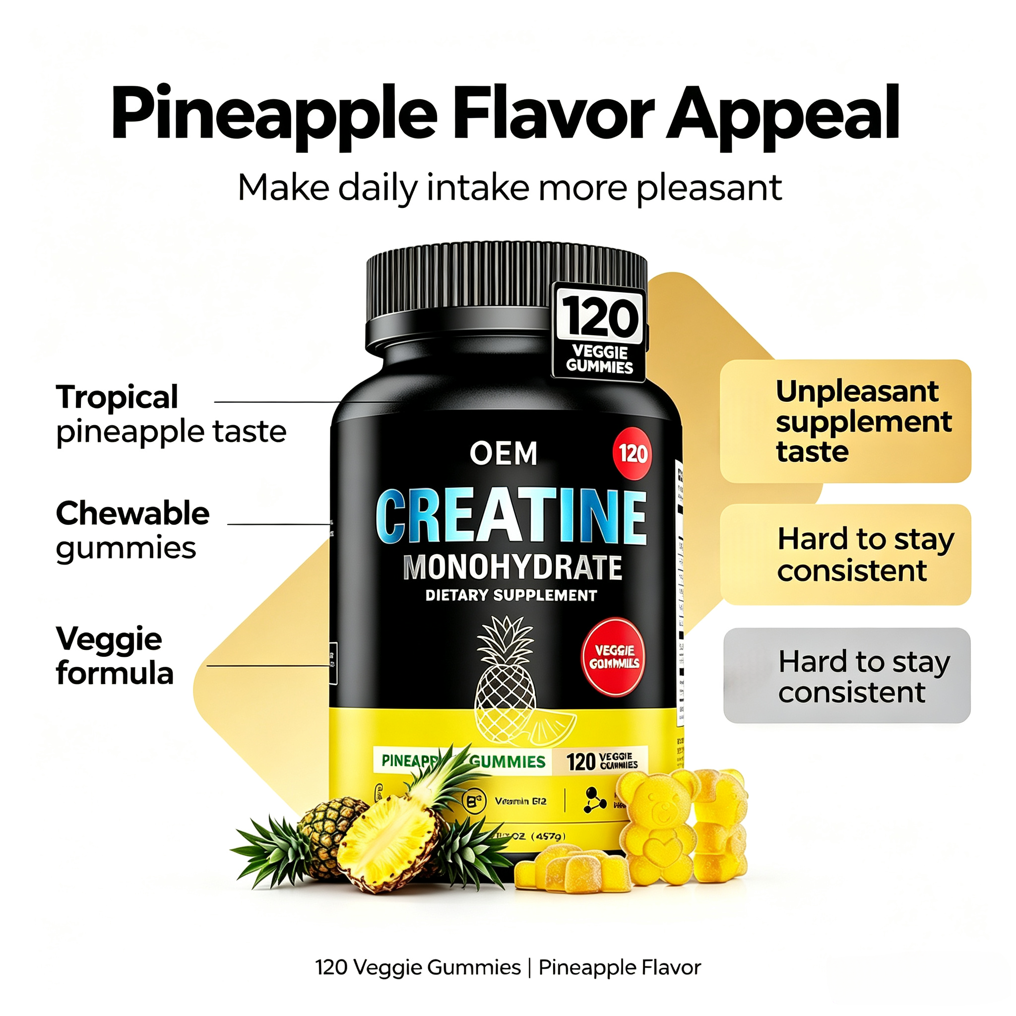 OEM Creatine Monohydrate Gummies with Vitamin B12 Pineapple Flavor 120 Veggie Gummies Net Wt 85g Dietary Supplement