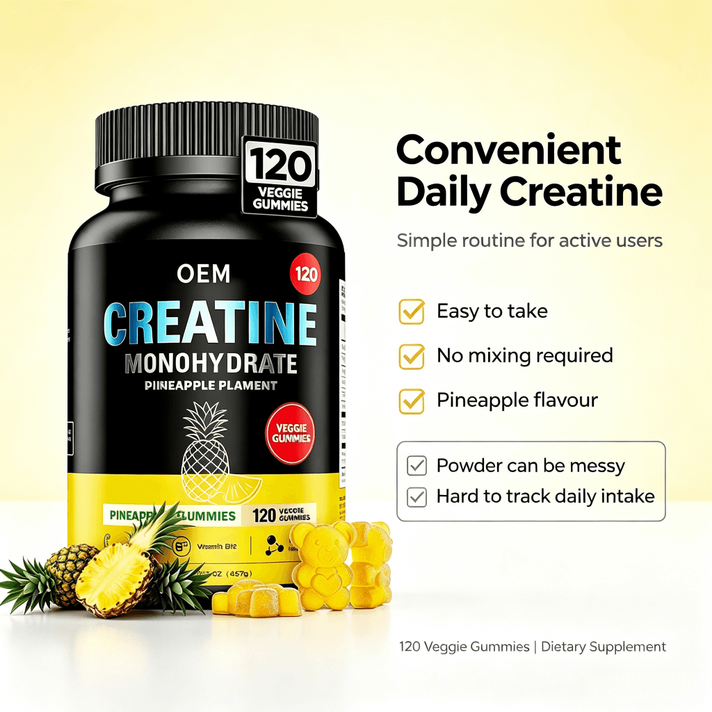 OEM Creatine Monohydrate Gummies with Vitamin B12 Pineapple Flavor 120 Veggie Gummies Net Wt 85g Dietary Supplement