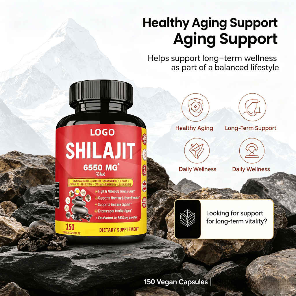 Oem Odm Shilajit Capsule 6550MG Shilajit 85 Trace Minerals GMO & Vegan with Ashwagandha,Ginseng Capsule