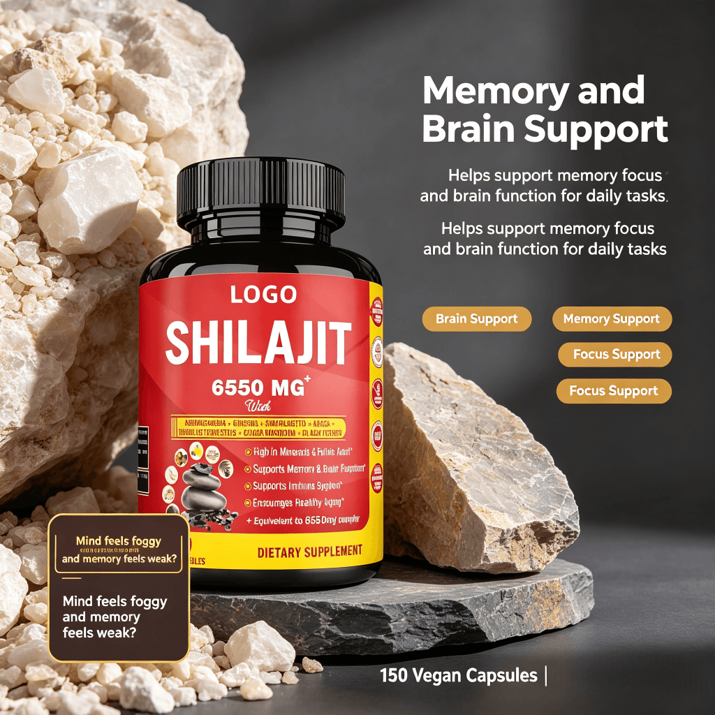 Oem Odm Shilajit Capsule 6550MG Shilajit 85 Trace Minerals GMO & Vegan with Ashwagandha,Ginseng Capsule