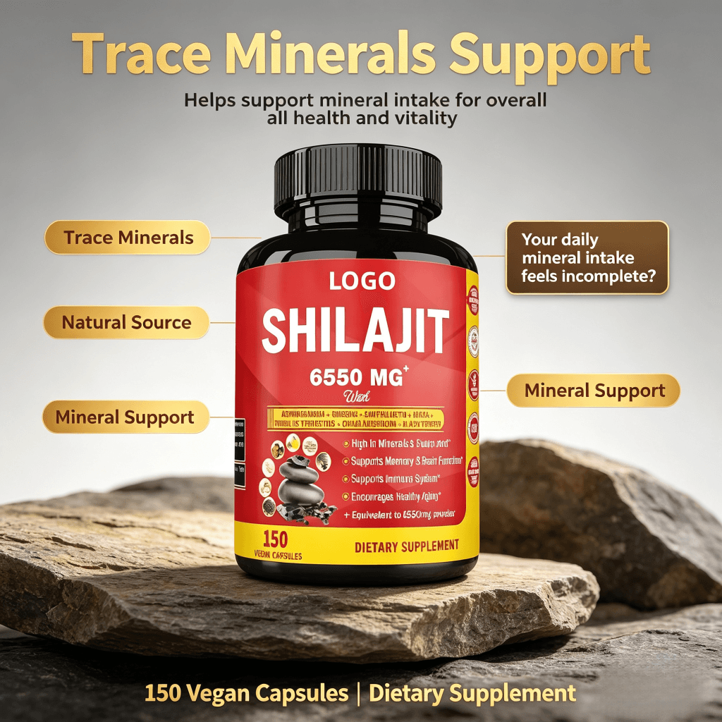 Oem Odm Shilajit Capsule 6550MG Shilajit 85 Trace Minerals GMO & Vegan with Ashwagandha,Ginseng Capsule