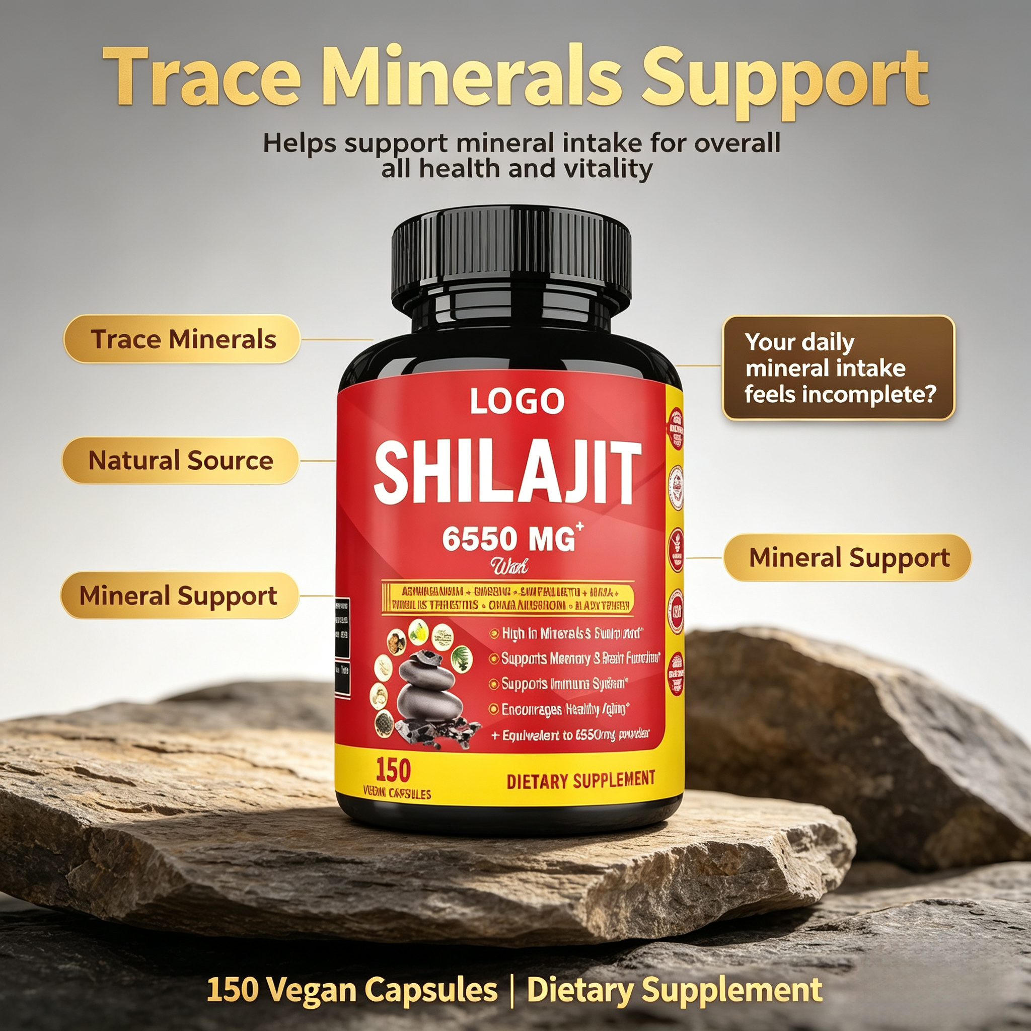 Oem Odm Shilajit Capsule 6550MG Shilajit 85 Trace Minerals GMO & Vegan with Ashwagandha,Ginseng Capsule