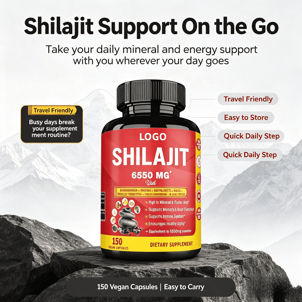 Oem Odm Shilajit Capsule 6550MG Shilajit 85 Trace Minerals GMO & Vegan with Ashwagandha,Ginseng Capsule