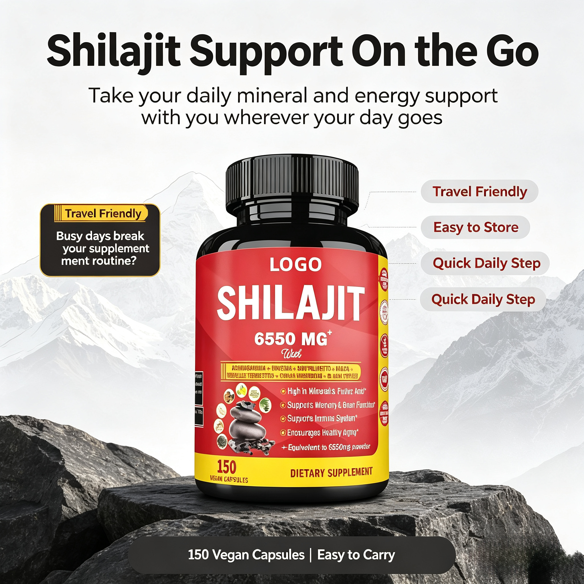 Oem Odm Shilajit Capsule 6550MG Shilajit 85 Trace Minerals GMO & Vegan with Ashwagandha,Ginseng Capsule