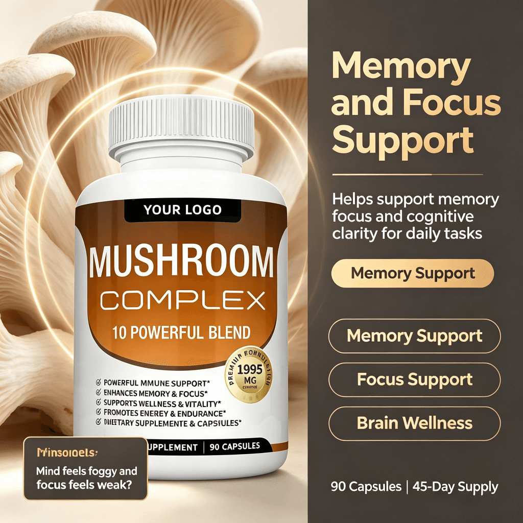 Mushroom Complex Capsules Nootropics Brain Boost Supplement Organic Lion's Mane Reishi Extract Mix Blend Mushroom Capsule