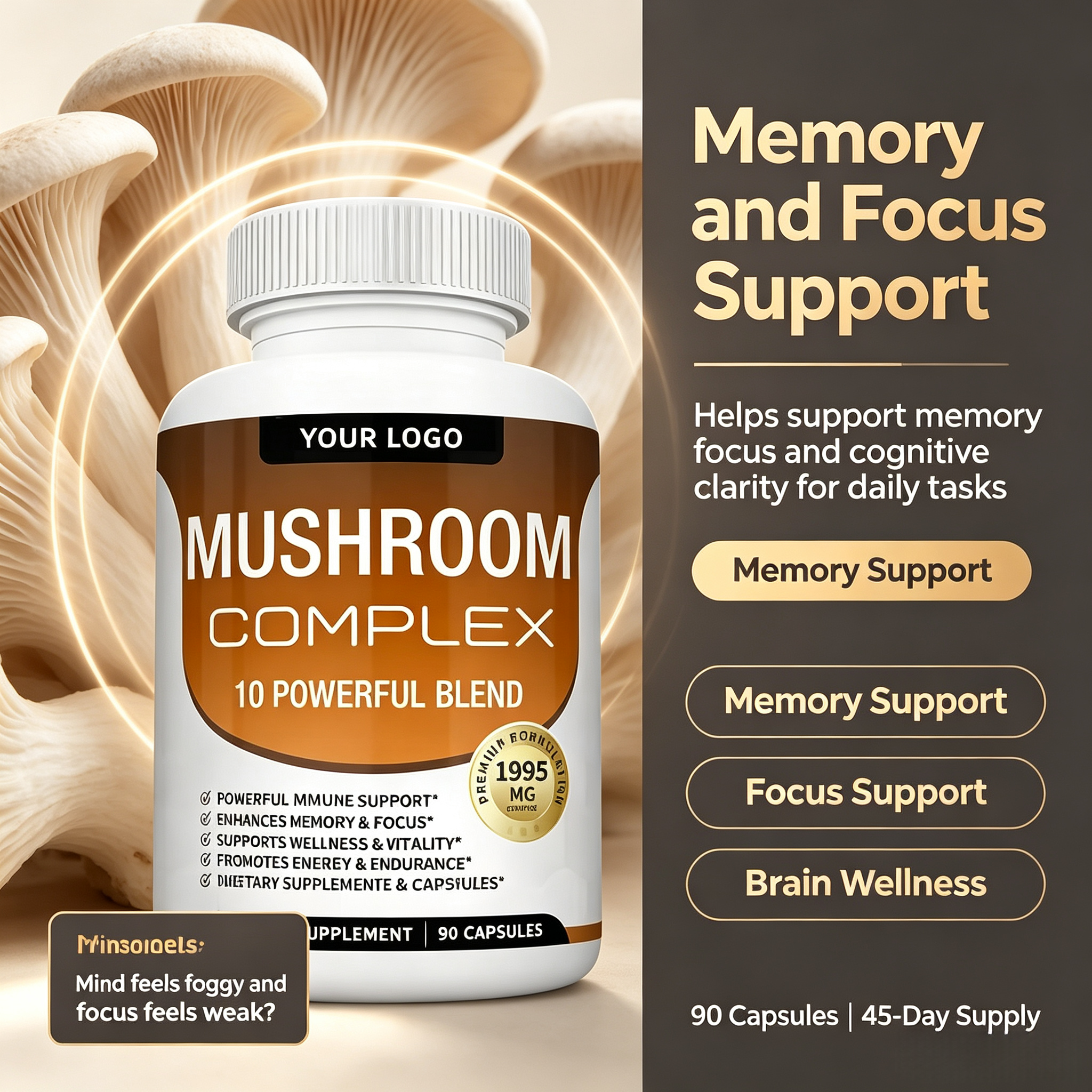 Mushroom Complex Capsules Nootropics Brain Boost Supplement Organic Lion's Mane Reishi Extract Mix Blend Mushroom Capsule