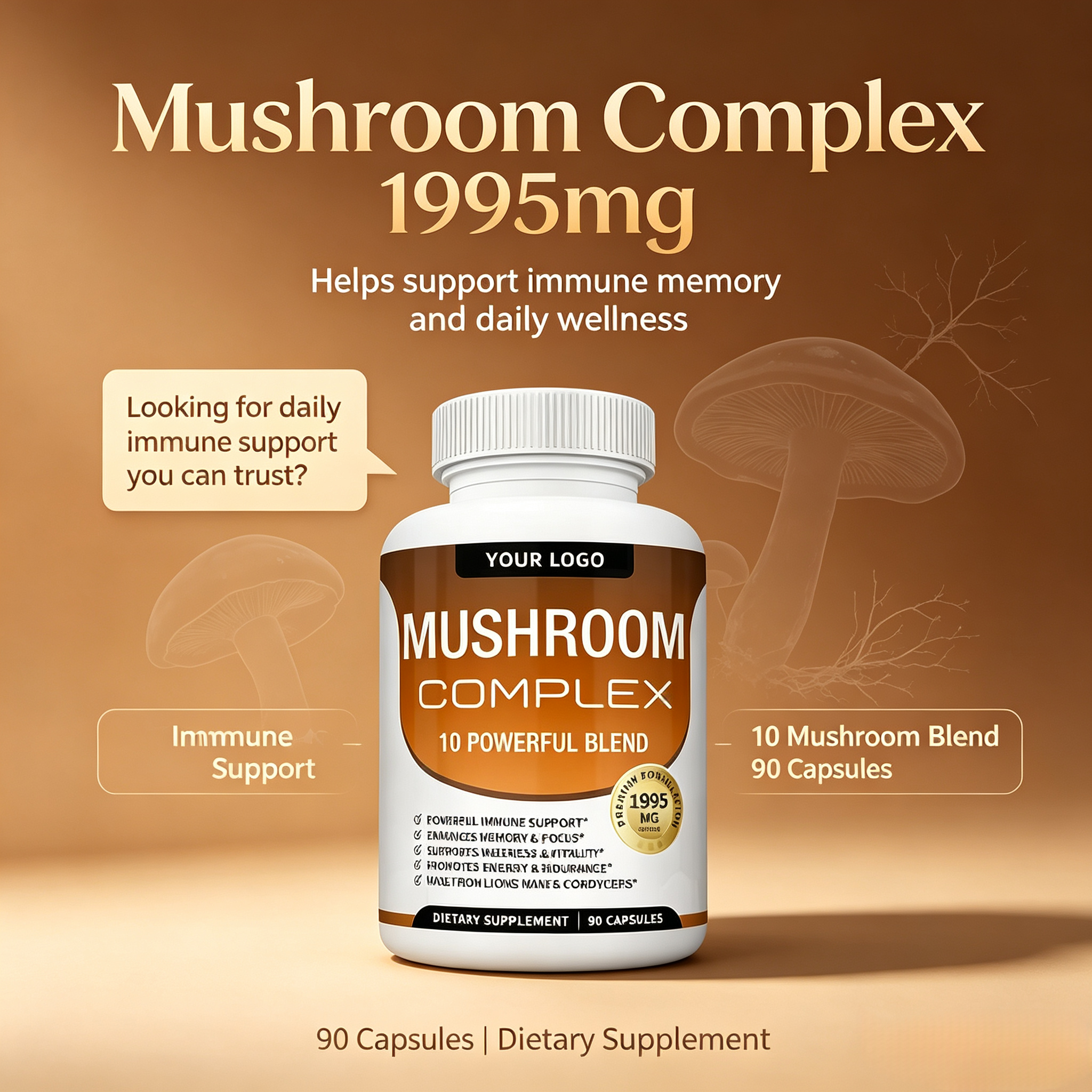 Mushroom Complex Capsules Nootropics Brain Boost Supplement Organic Lion's Mane Reishi Extract Mix Blend Mushroom Capsule