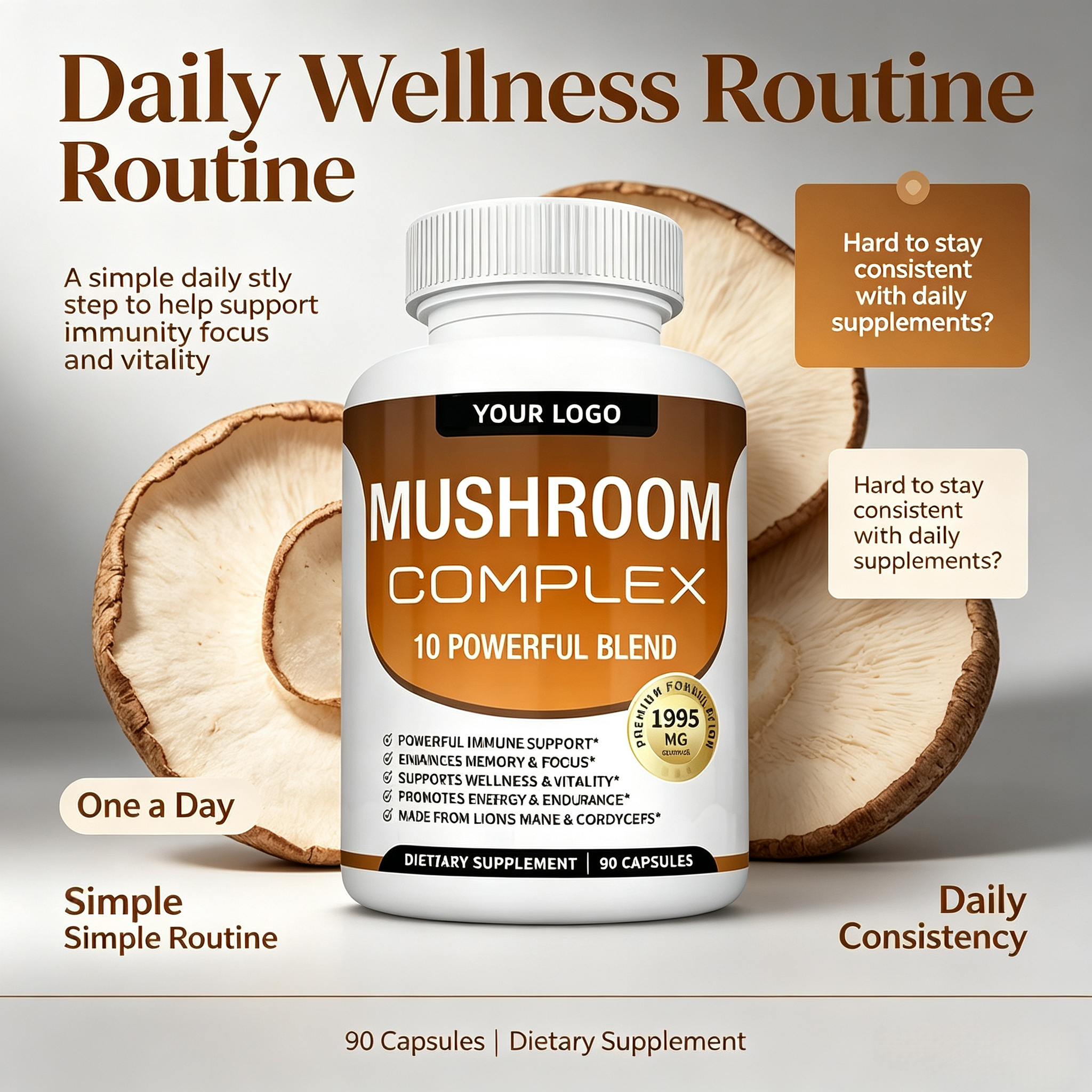 Mushroom Complex Capsules Nootropics Brain Boost Supplement Organic Lion's Mane Reishi Extract Mix Blend Mushroom Capsule