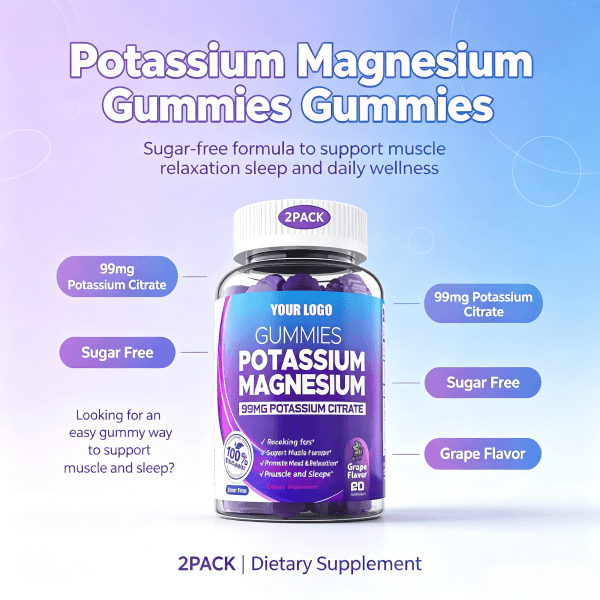 Private Label Potassium & Magnesium Gummies Sugar-Free Health Food Supplement Magnesium Glycinate Malate 2gummies Daily Dose