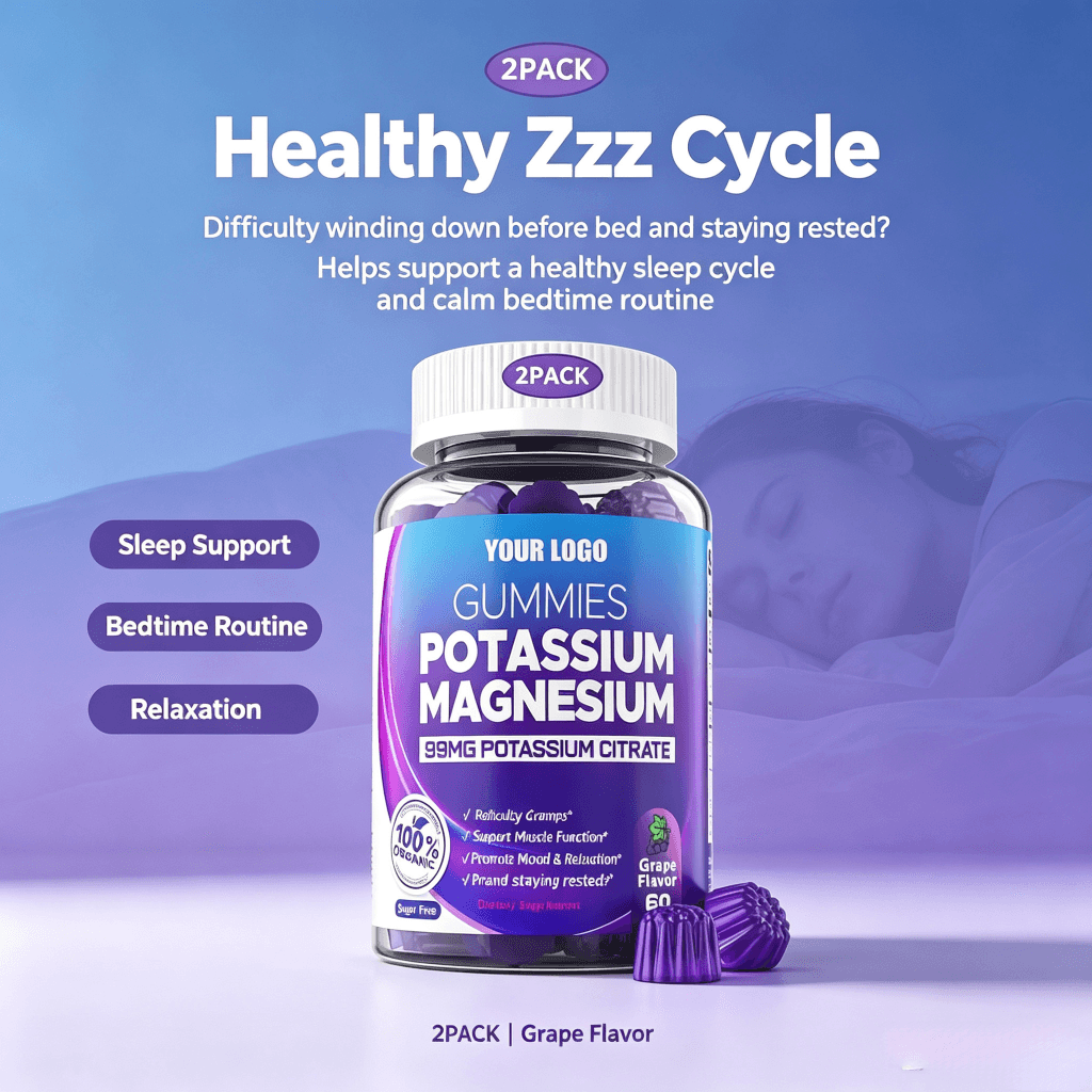 Private Label Potassium & Magnesium Gummies Sugar-Free Health Food Supplement Magnesium Glycinate Malate 2gummies Daily Dose