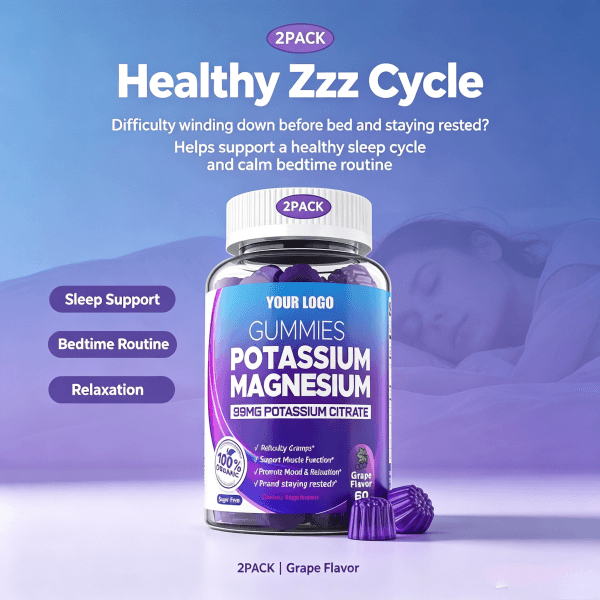 Private Label Potassium & Magnesium Gummies Sugar-Free Health Food Supplement Magnesium Glycinate Malate 2gummies Daily Dose