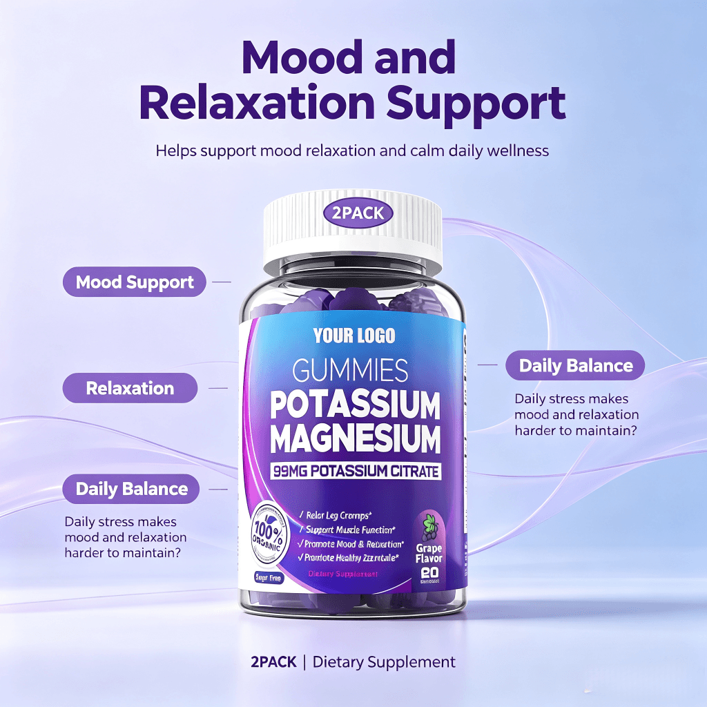 Private Label Potassium & Magnesium Gummies Sugar-Free Health Food Supplement Magnesium Glycinate Malate 2gummies Daily Dose