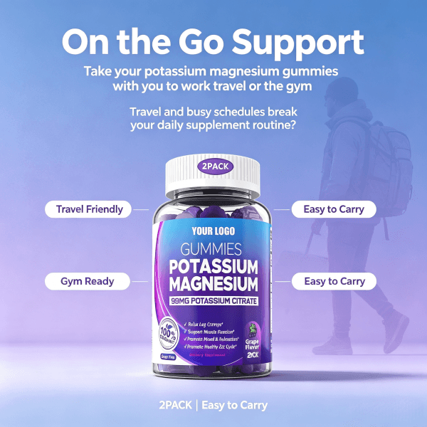 Private Label Potassium & Magnesium Gummies Sugar-Free Health Food Supplement Magnesium Glycinate Malate 2gummies Daily Dose
