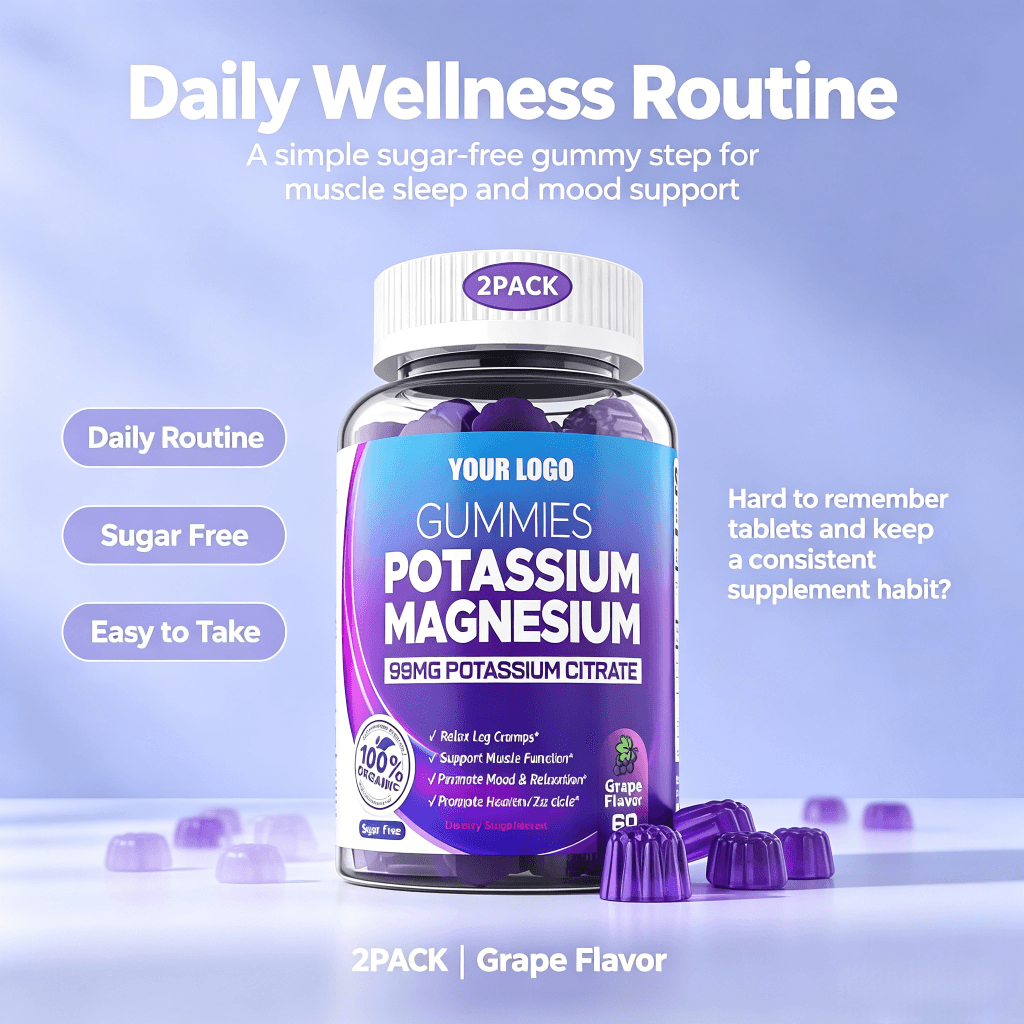 Private Label Potassium & Magnesium Gummies Sugar-Free Health Food Supplement Magnesium Glycinate Malate 2gummies Daily Dose