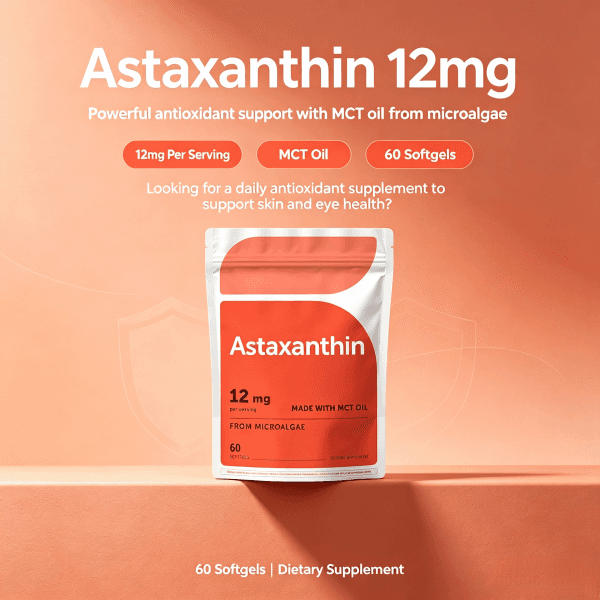 OEM Astaxanthin 12mg Softgels From Microalgae 60 Count 2 Month Supply Dietary Supplement