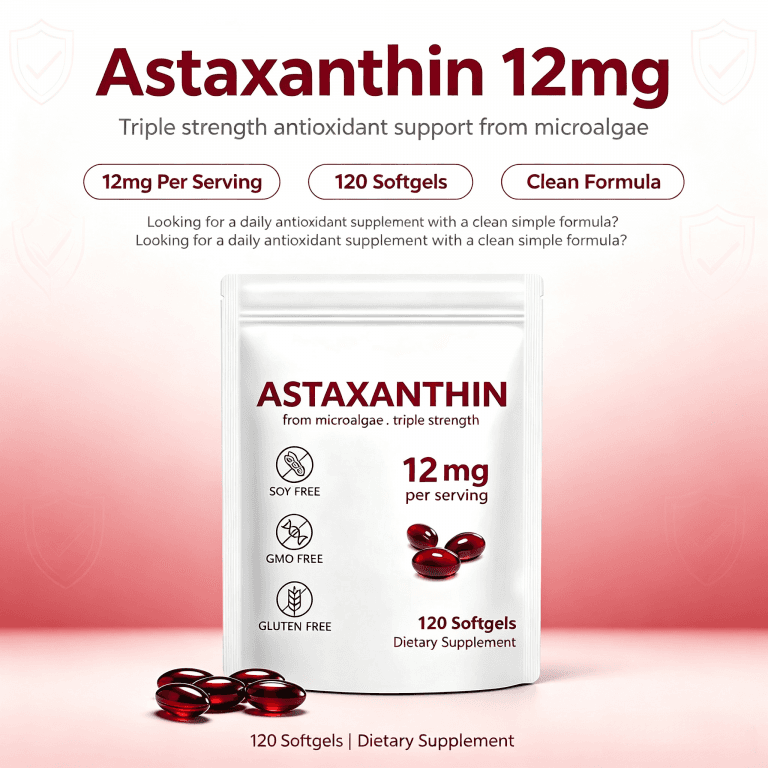 OEM Astaxanthin 12mg Softgels From Microalgae Soy Free GMO Free Gluten Free 120 Count Dietary Supplement