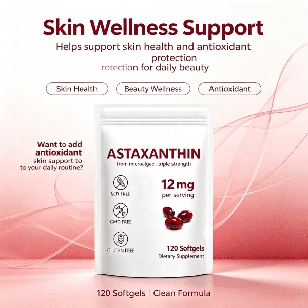 OEM Astaxanthin 12mg Softgels From Microalgae Soy Free GMO Free Gluten Free 120 Count Dietary Supplement