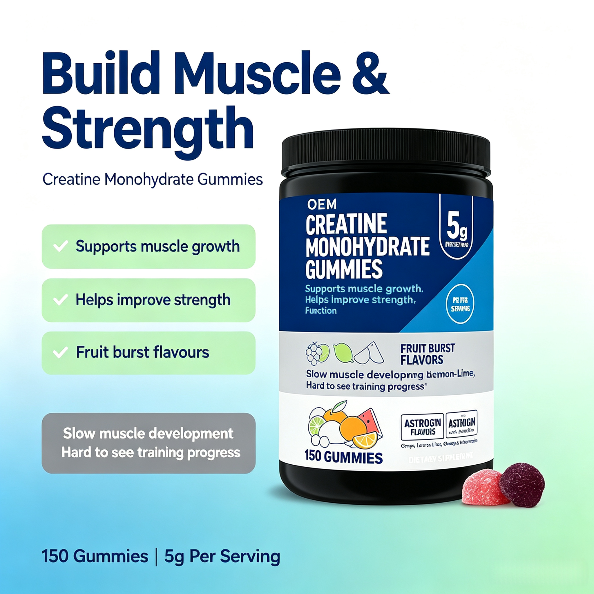OEM Creatine Monohydrate Gummies 5g Fruit Burst Flavors 150 Count Dietary Supplement