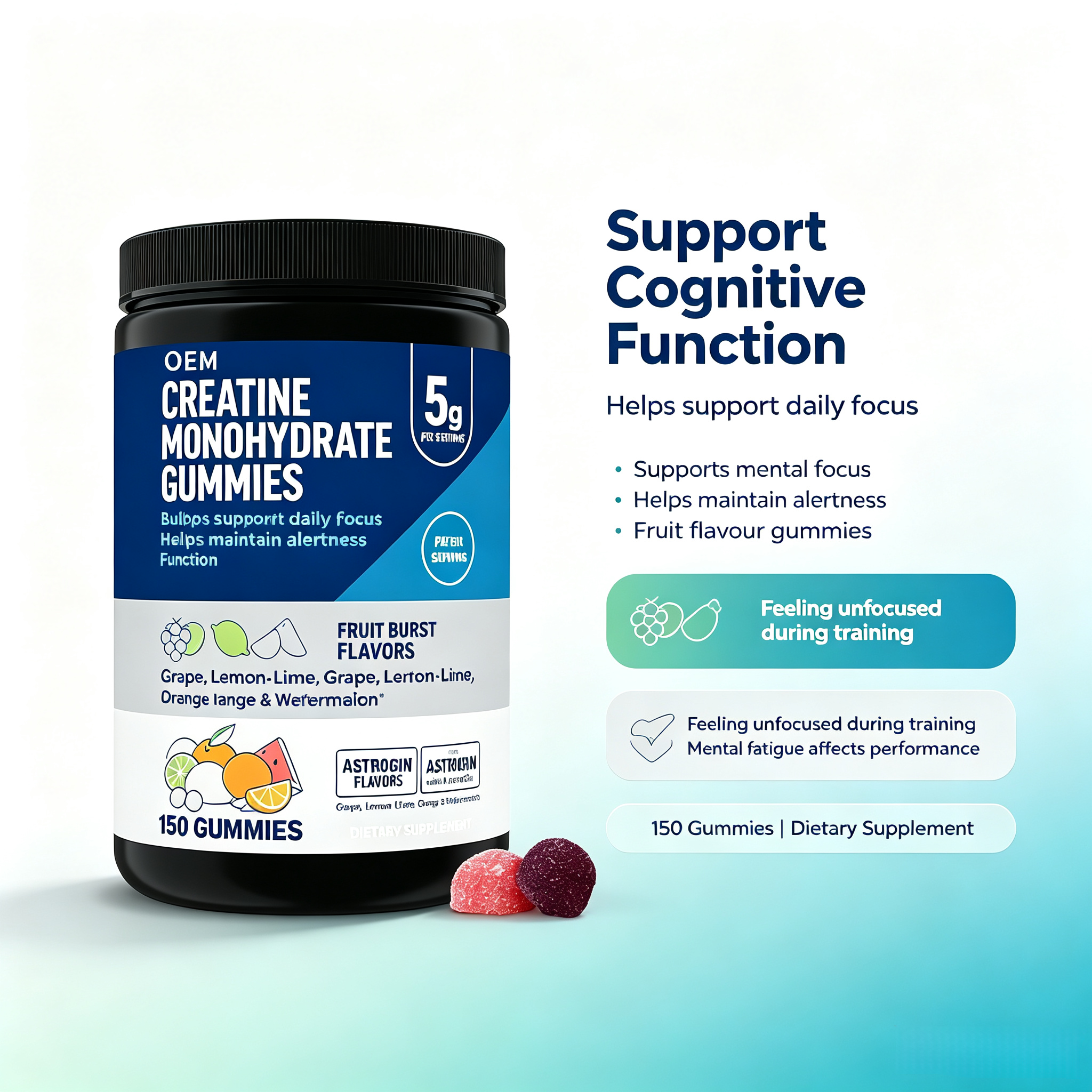 OEM Creatine Monohydrate Gummies 5g Fruit Burst Flavors 150 Count Dietary Supplement