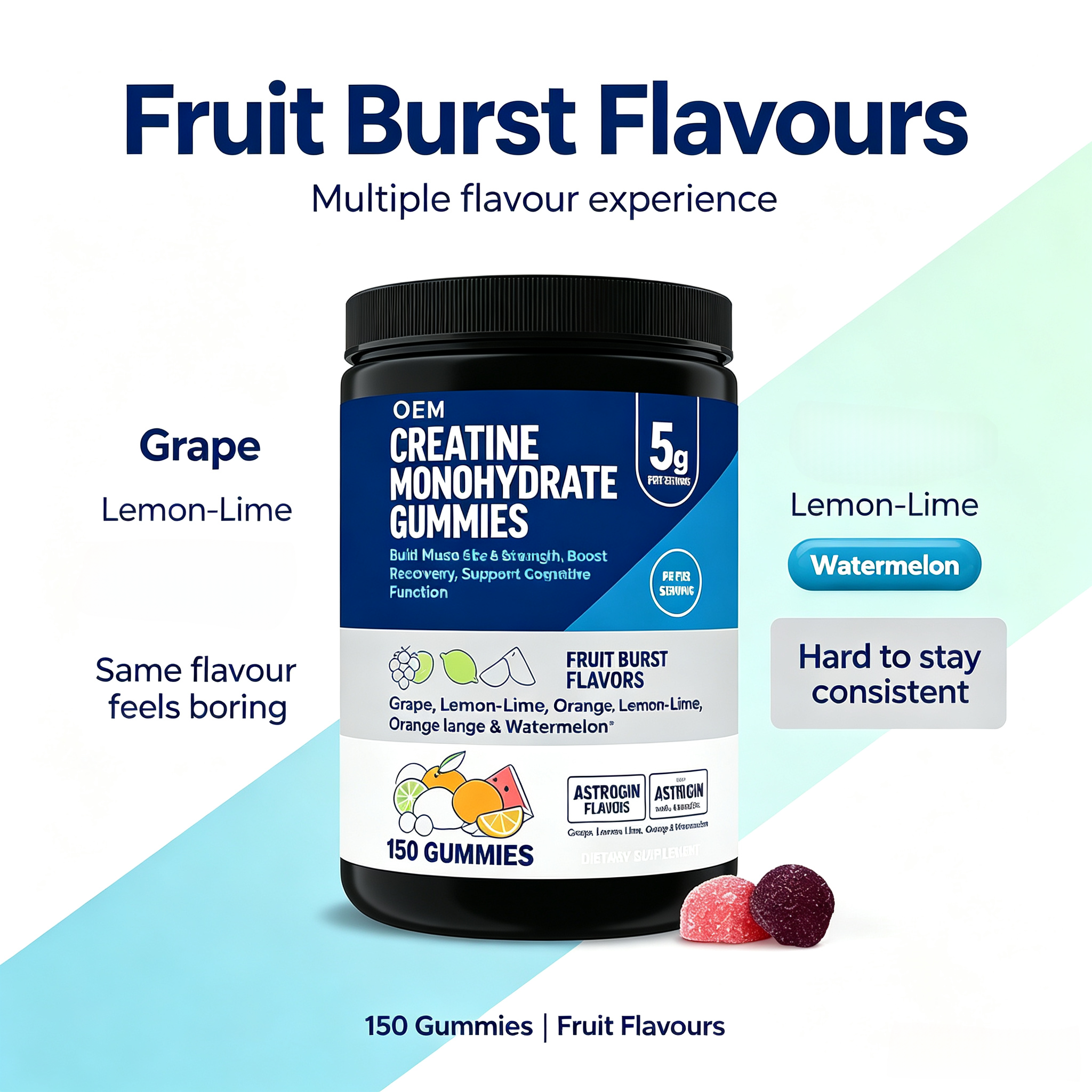 OEM Creatine Monohydrate Gummies 5g Fruit Burst Flavors 150 Count Dietary Supplement