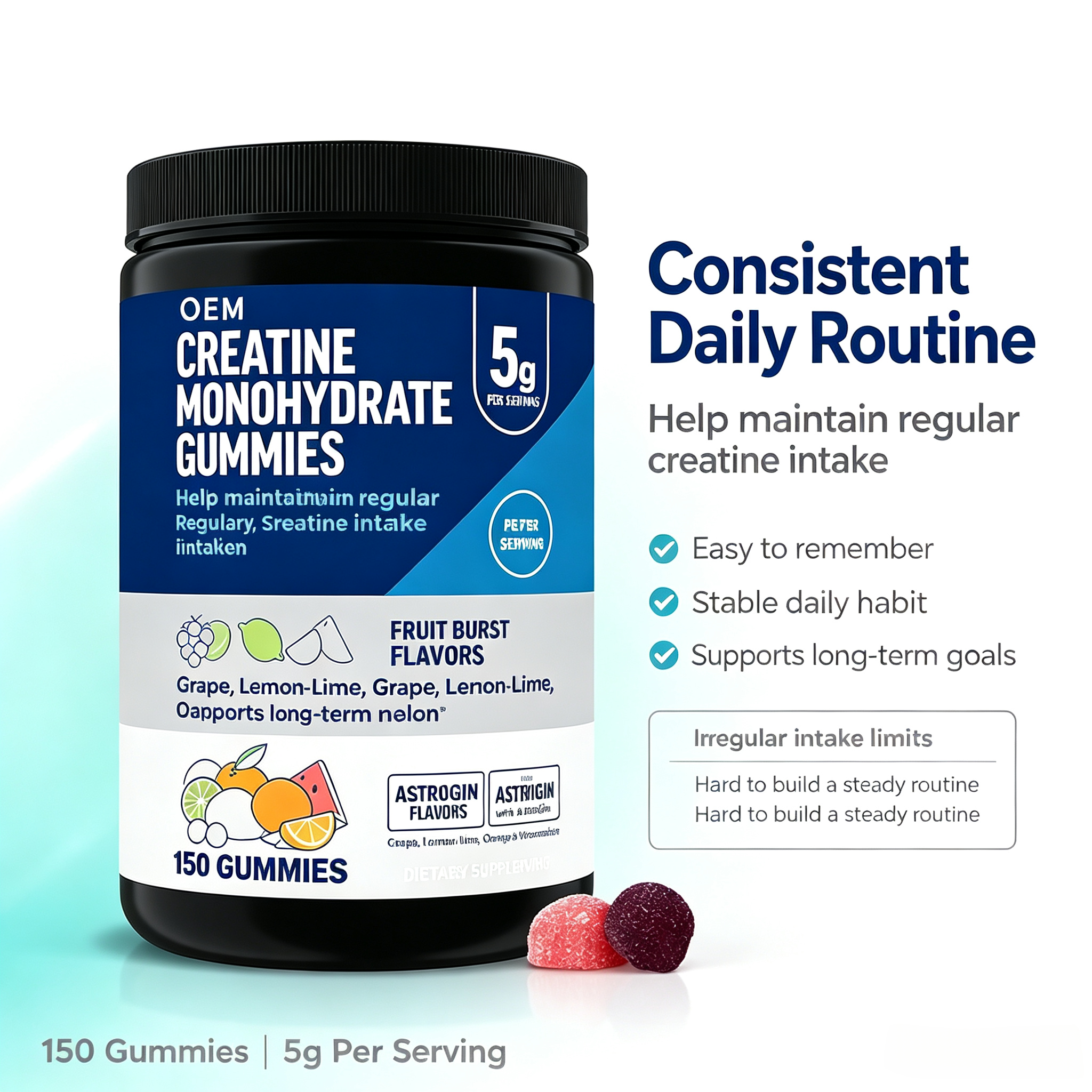 OEM Creatine Monohydrate Gummies 5g Fruit Burst Flavors 150 Count Dietary Supplement