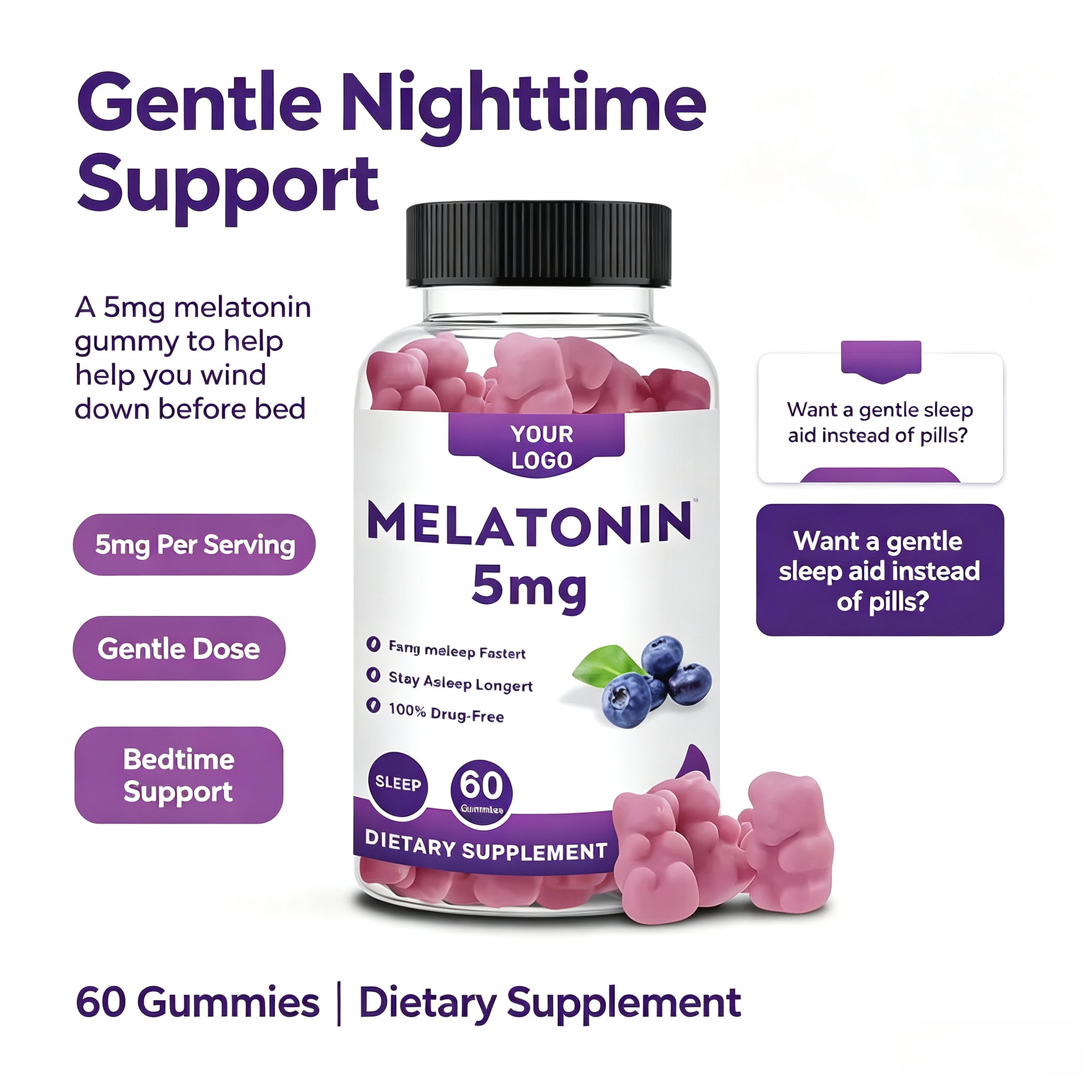 Private Label Organic Melatonin Gummy Candy Sleep Relax Immune Energy Adult