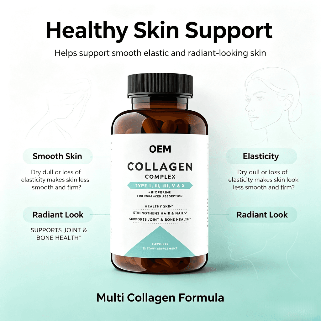 Private Label Hydrolyzed Collagen Peptides Capsules for Skin Hair and Nails Support Type I & III Collagen Capsules