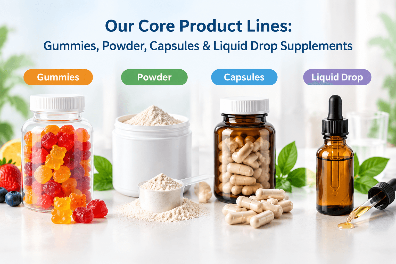 Our Core Product Lines: Gummies, Powder, Capsules & Liquid Drop Supplements