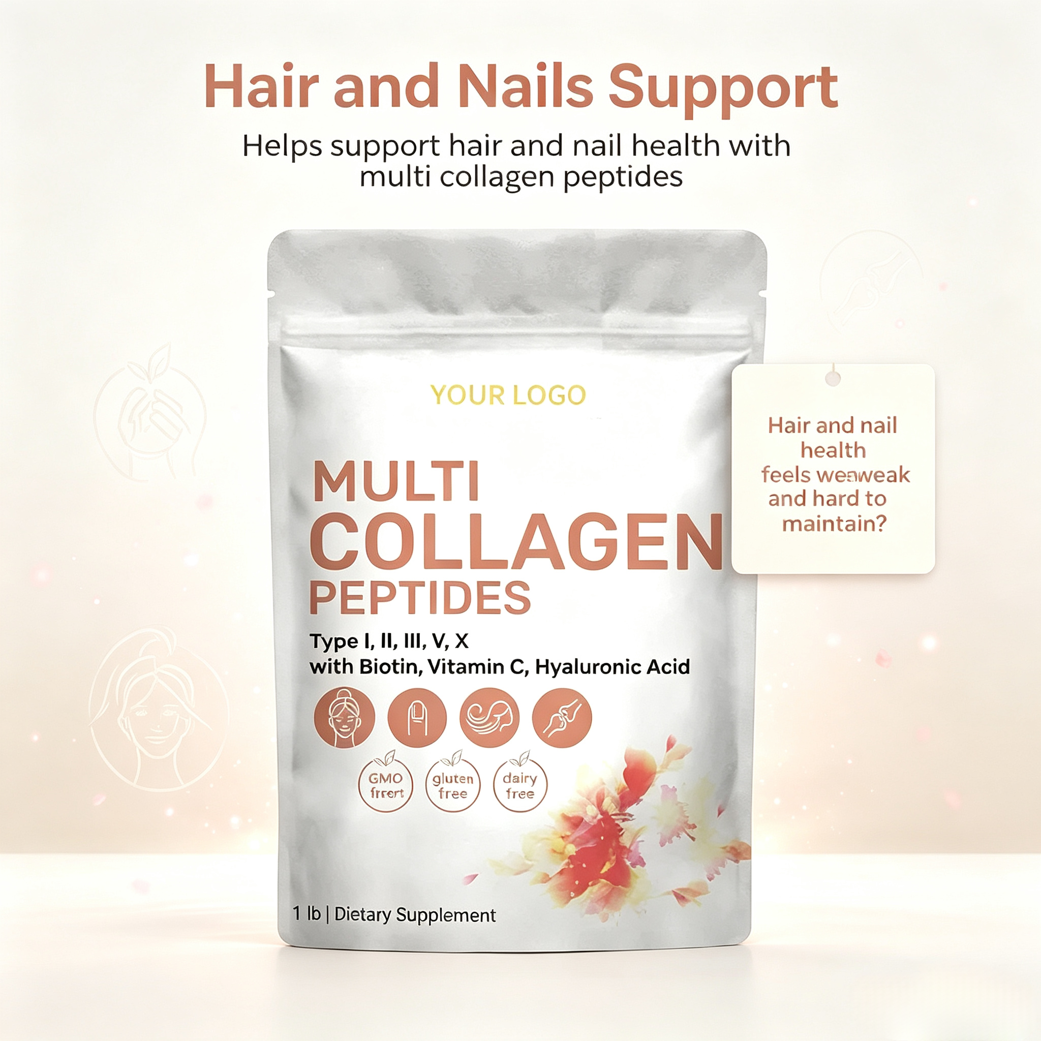 OEM Collagen Peptides Powder Skin Whitening Glow Digestive Enzymes for Healthy Skin Hair Nails Joint Support