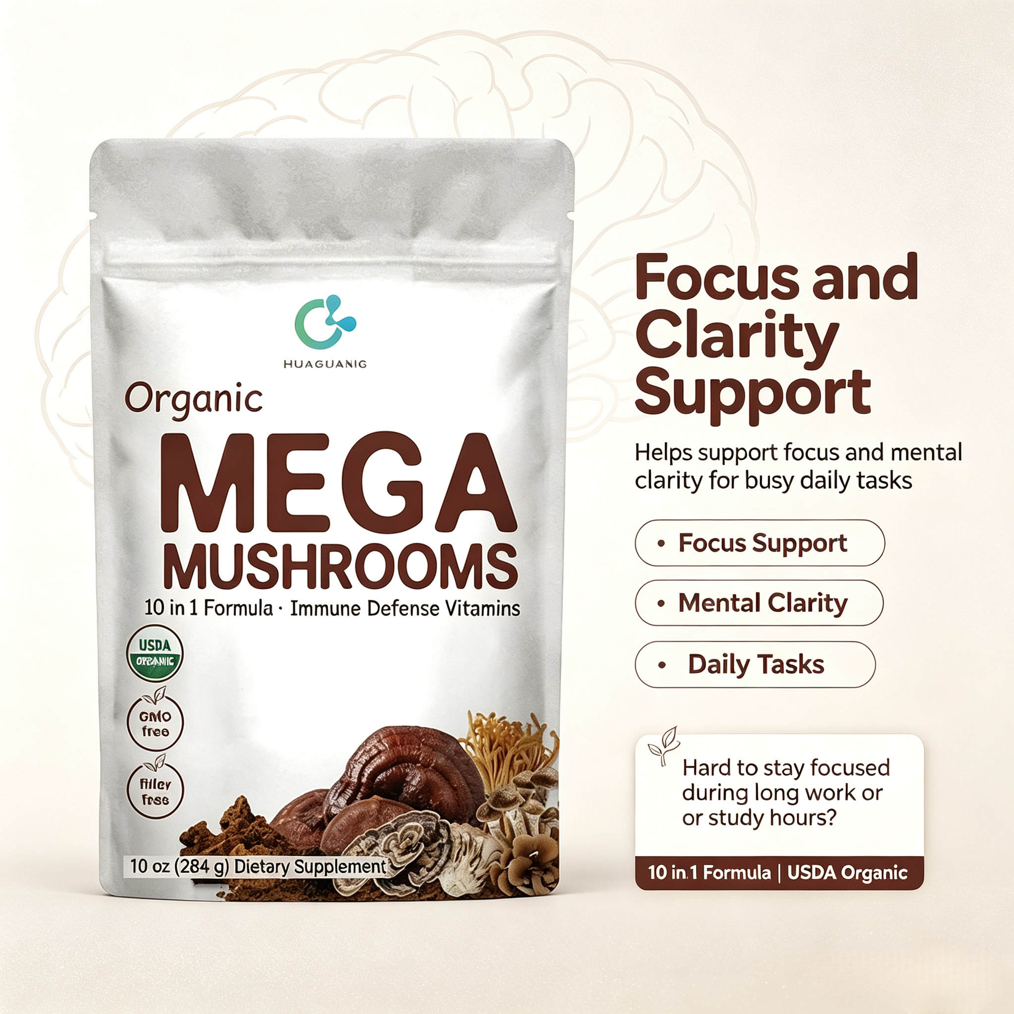 Odm 10 in 1 Nootropic Brain Supplement Mushroom Powder Mix Shiitake Oyster Turkey Tail Lion`s Mane Mushroom Coffee Powder